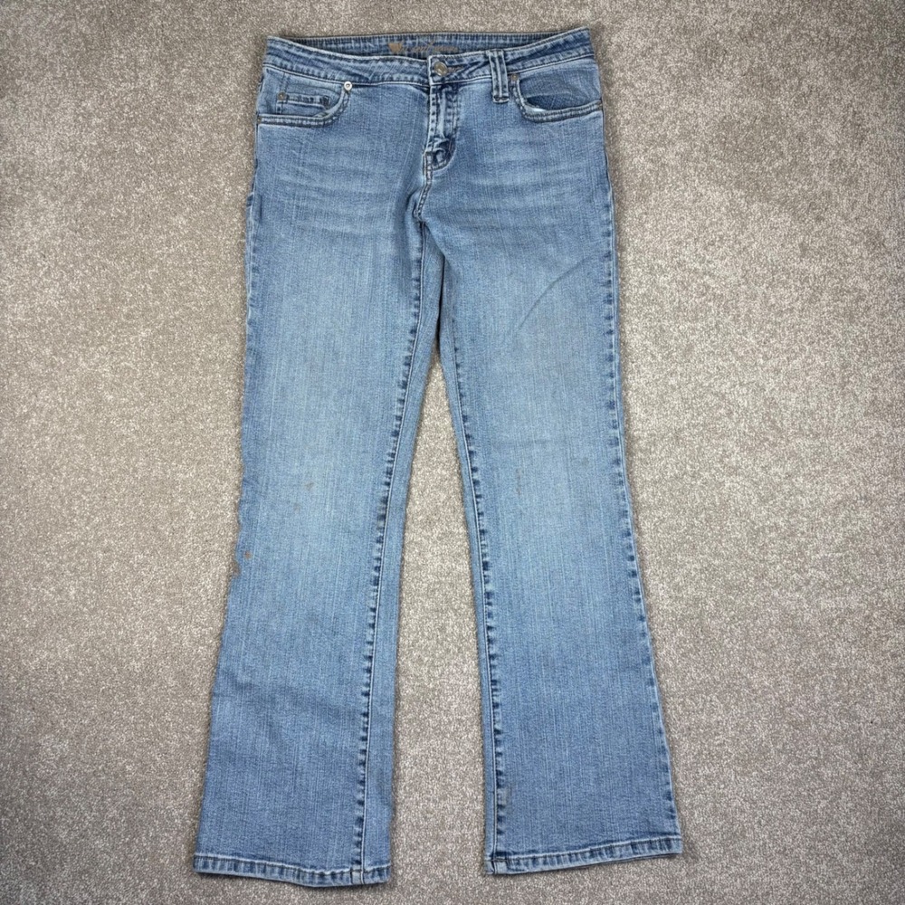 Wet Seal Blue Jeans Mid Rise Bootcut Denim Light Wash Distressed